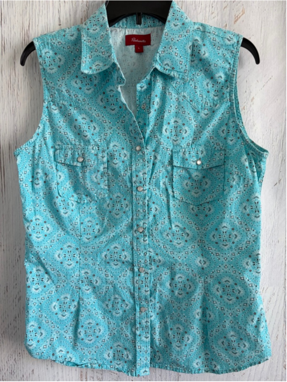 Women's Panhandle Turquoise & White Bandana Print Sleeveless Button Down Shirt L